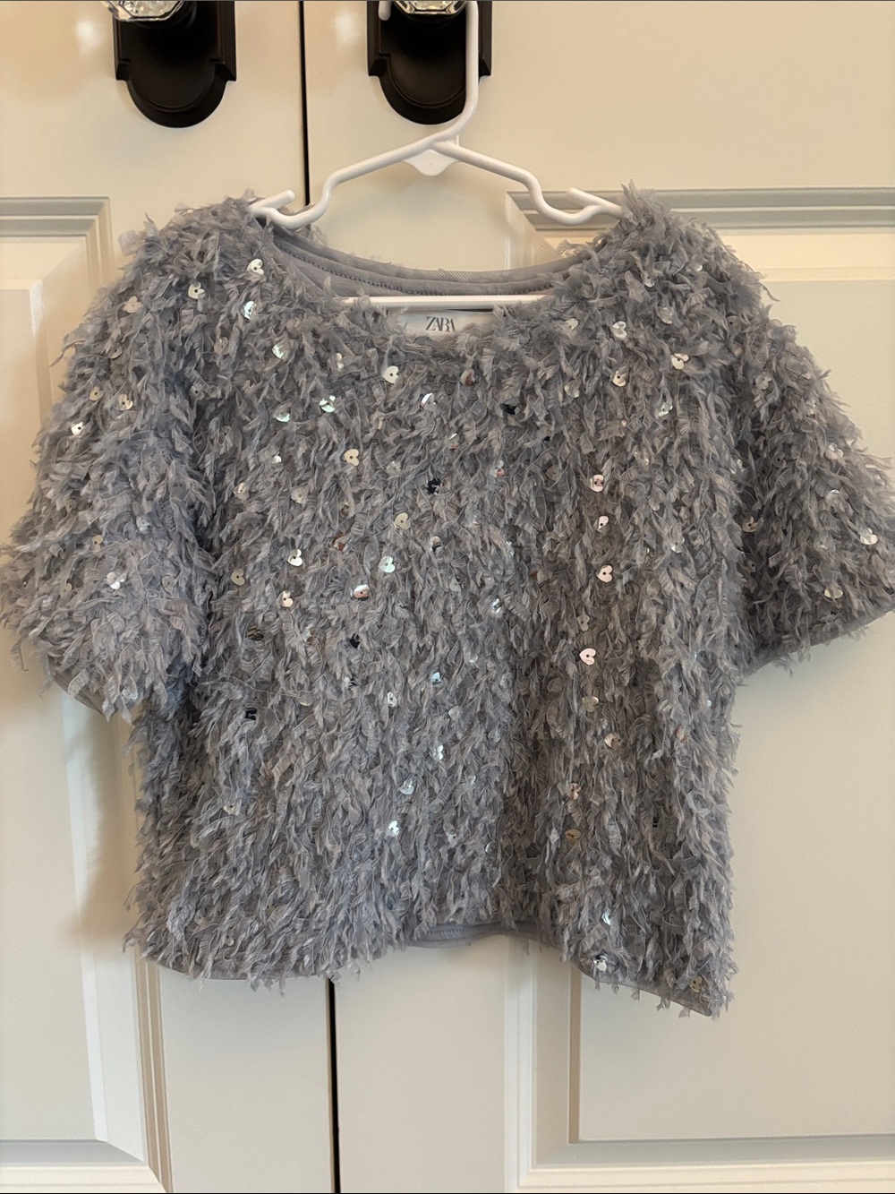ZARA Gray Fuzzy Sequin Short-Sleeve Top 6-7Y